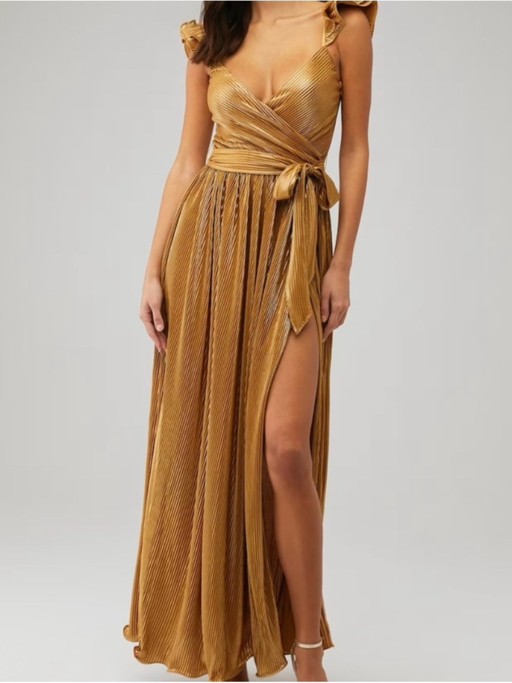 SAYLOR Metallic Gold Wrap Maxi Dress with Side Slit